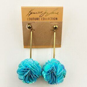KJL Earrings Kenneth Jay Lane Blue Dangle Sequin Pom Pom Gold Tone Vintage Drop